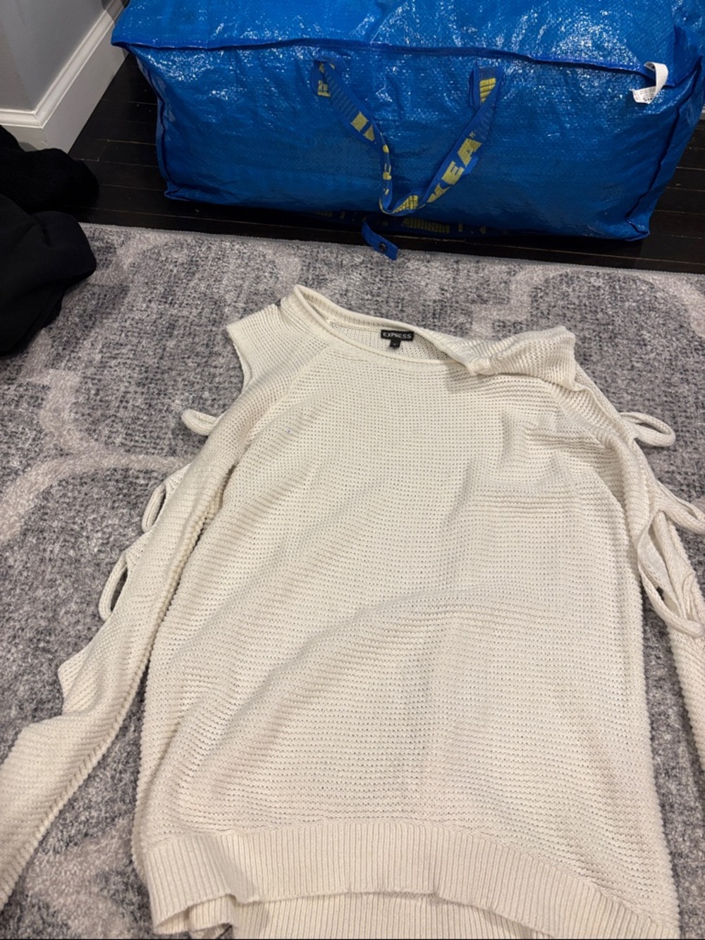 Express Cream Cold-Shoulder Knit Sweater with Side Tie Details